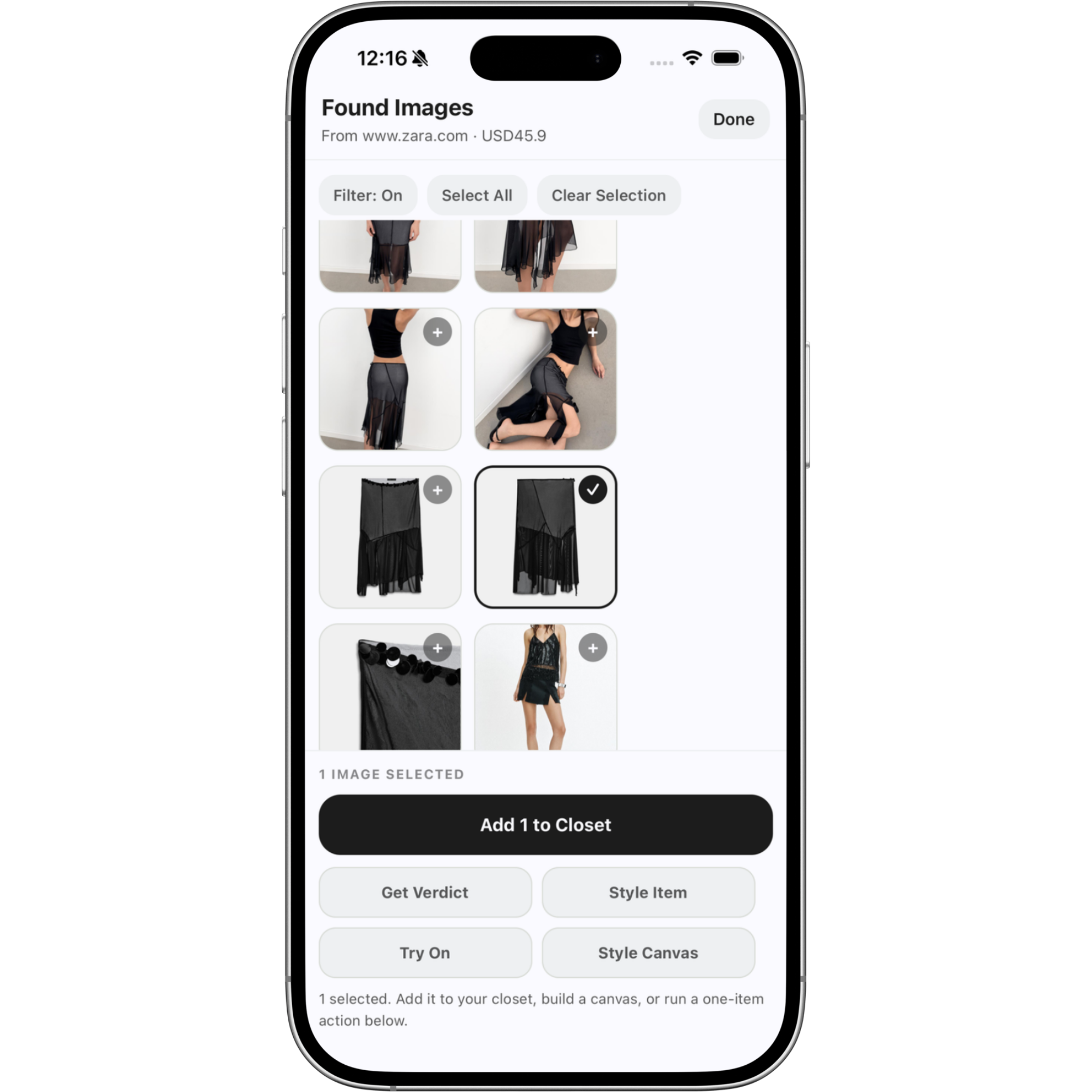 Klozu Browser found images grid with selection actions.